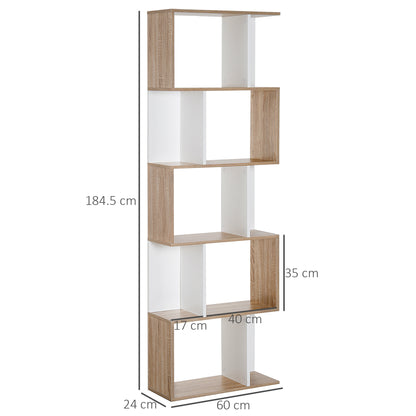 HOMCOM 5-tier Bookcase Storage Display Shelving S Shape design Unit Divider Natural 