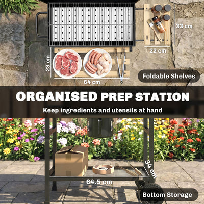Outsunny Charcoal Grill, Barrel BBQ Smoker with Warming Rack, Charcoal BBQ Grill with Foldable Shelves, Natural Wood and Black 