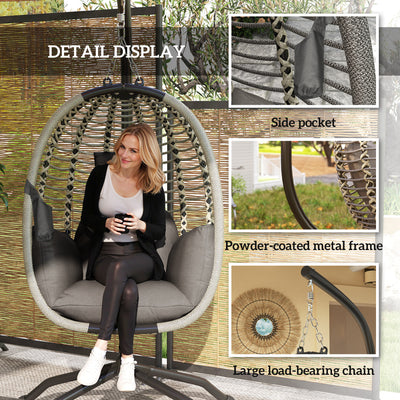 Outsunny Outdoor Swing Chair with Thick Padded Cushion, Patio Hanging Chair with Metal Stand, Foldable Basket, Cup Holder, Rope Structure, for Indoor & Outdoor, Dark Grey 