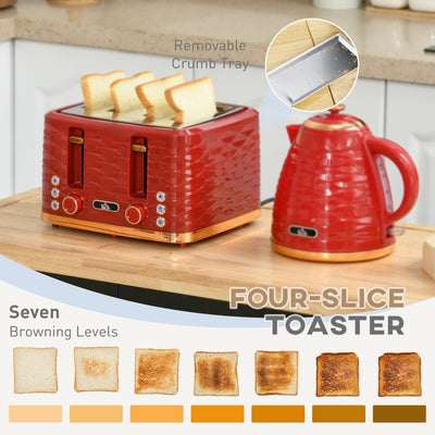 HOMCOM 3000W 1.7L Rapid Boil Kettle & 4 Slice Toaster, Kettle and Toaster Set with 7 Browning Controls and Crumb Tray, Red 