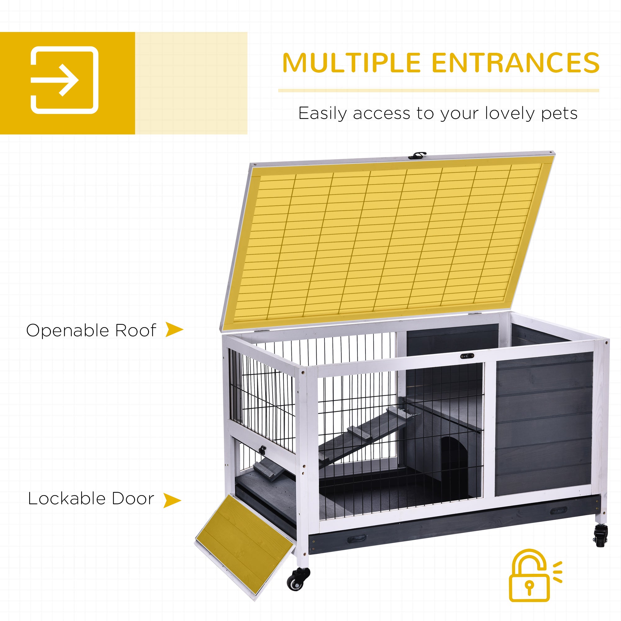 PawHut Wooden Guinea Pig Hutch, 2-Floor Bunny Cage w/ Enclosed Run Area, Grey 