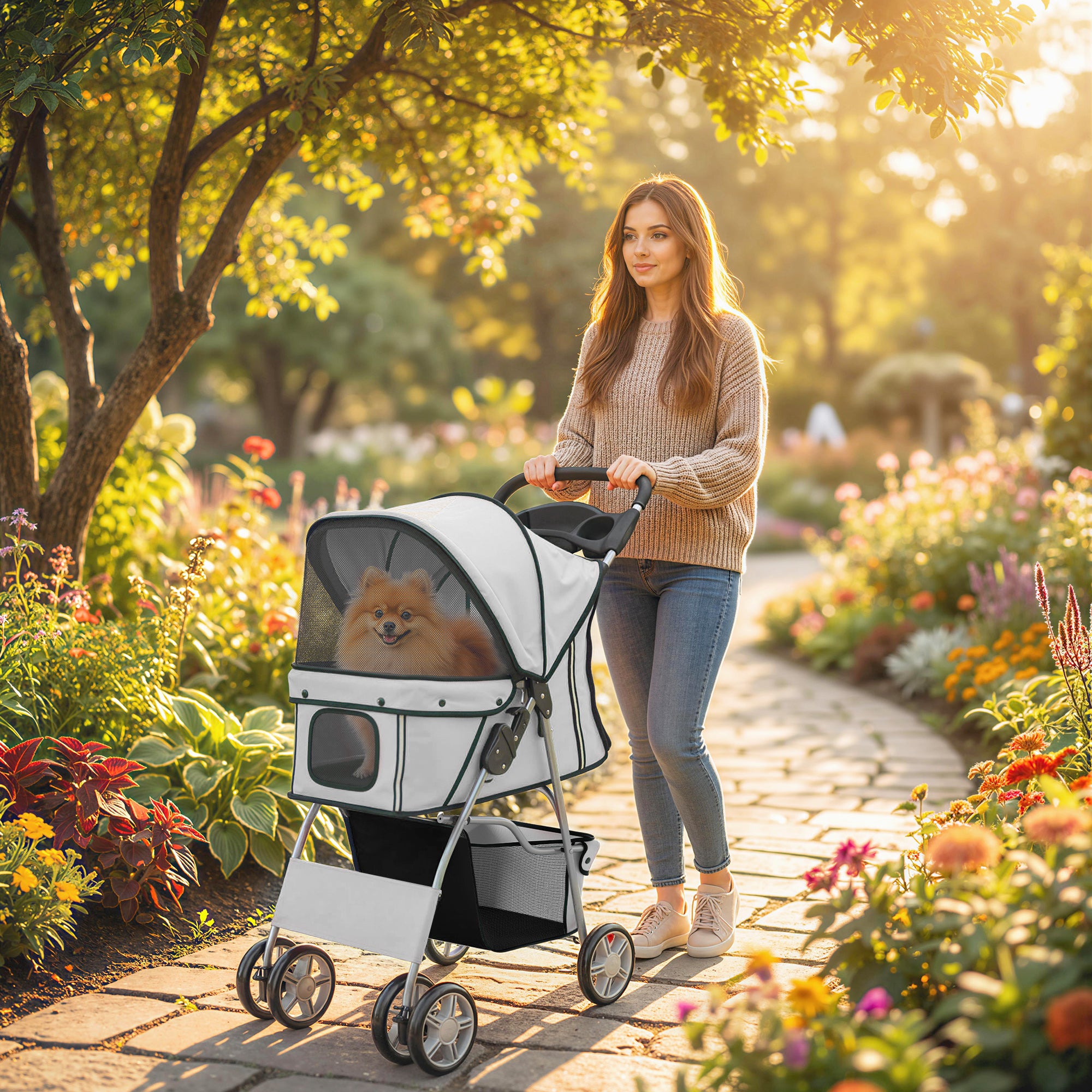 PawHut Dog Pram, Pet Stroller with Reflective Strips, Foldable Cat Stroller with 360° Swivel Wheels, Grey 