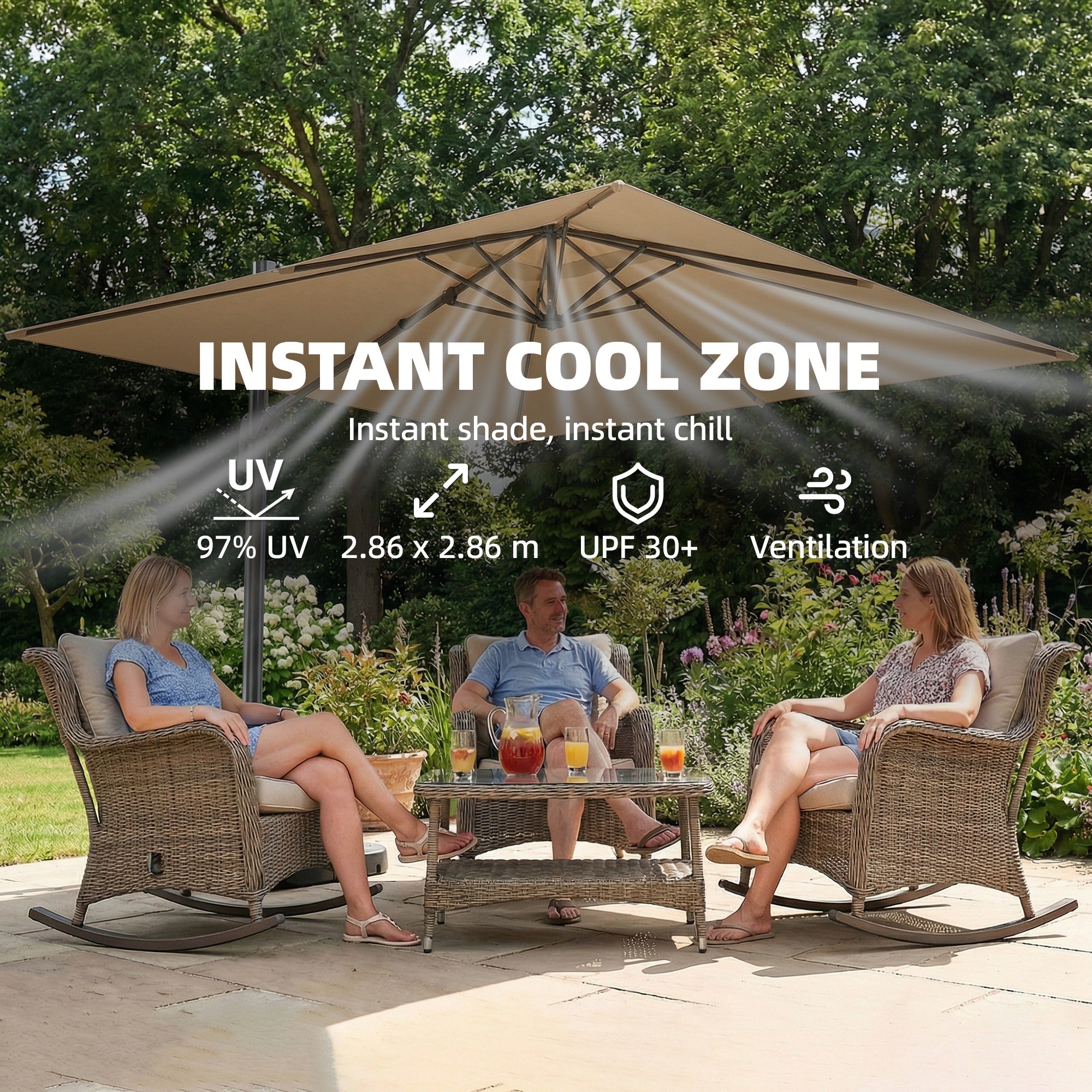 Outsunny 3 x 3 m Garden Cantilever Parasol with Light, Cover, Overhanging Umbrella w/ Wind Protection, 360° Rotation, Khaki 
