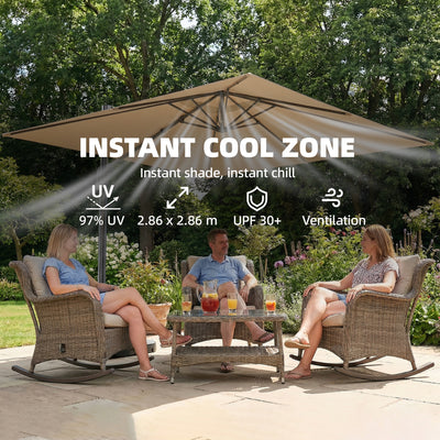 Outsunny 3 x 3 m Garden Cantilever Parasol with Light, Cover, Overhanging Umbrella w/ Wind Protection, 360° Rotation, Khaki 
