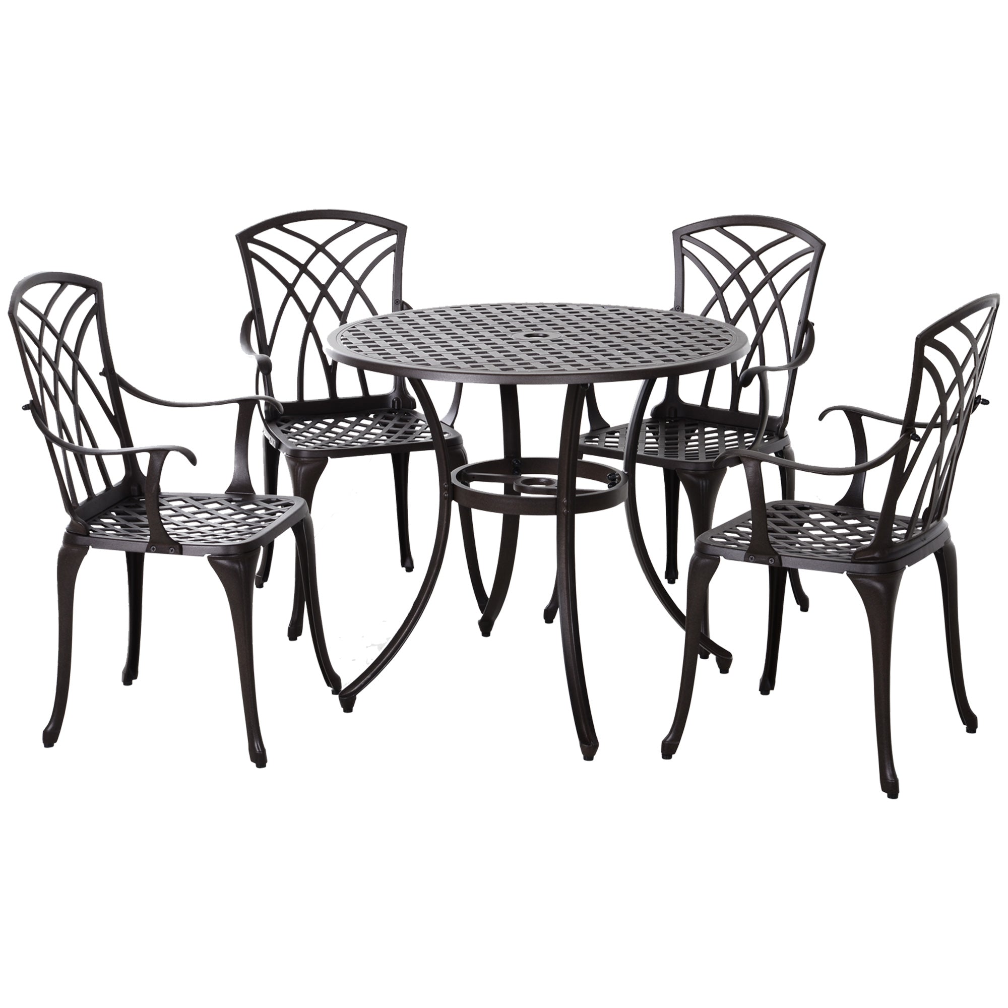Outsunny 5 Pieces Garden Dining Set for 4, Cast Aluminium Outdoor Dining Set with 4 Armchairs and Round Dining Table with Parasol Hole, Garden Furniture Set, Brown 