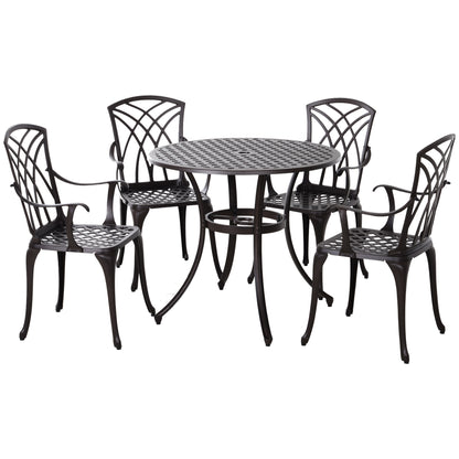 Outsunny 5 Pieces Garden Dining Set for 4, Cast Aluminium Outdoor Dining Set with 4 Armchairs and Round Dining Table with Parasol Hole, Garden Furniture Set, Brown 