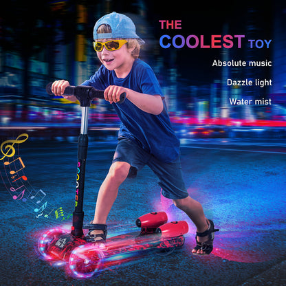 HOMCOM Kids Scooter, 3 Wheel Foldable Kick Scooter Adjustable Height w/ Flashing Wheels, Music, Water Spray for 3-6 Years, Red 