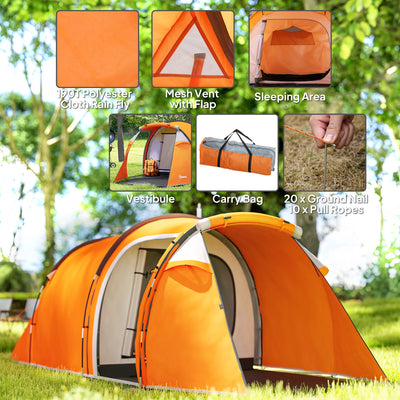 Outsunny 2-3 Man Tunnel Tents w/ Vestibule Camping Tent Porch Air Vents Weather-Resistant Shelter, Orange 