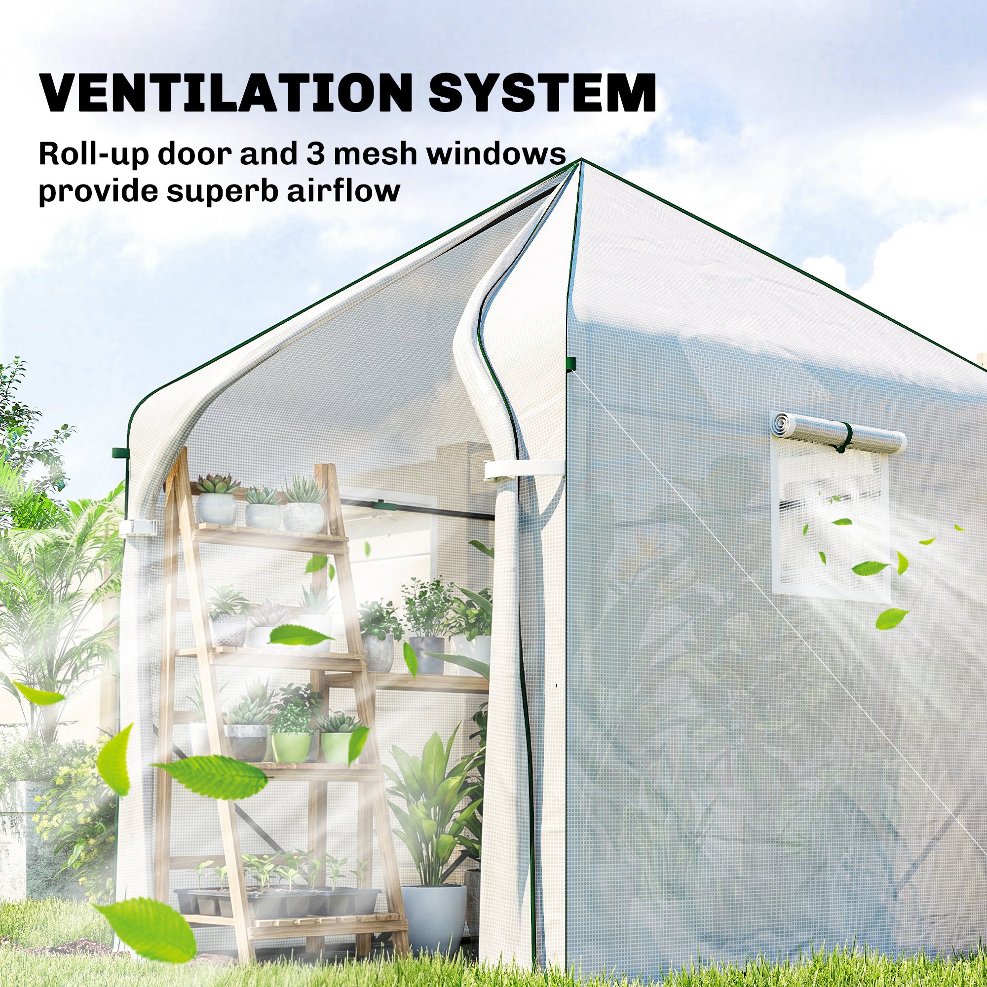 Outsunny Walk-in Greenhouse for Outdoors with Steel Frame, Large Plant House with Roll-up Door and PE Ground Cover, White 