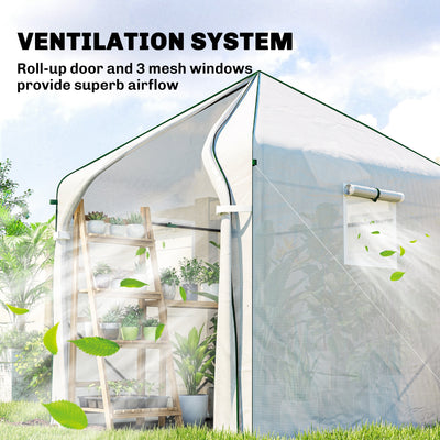 Outsunny Walk-in Greenhouse for Outdoors with Steel Frame, Large Plant House with Roll-up Door and PE Ground Cover, White 