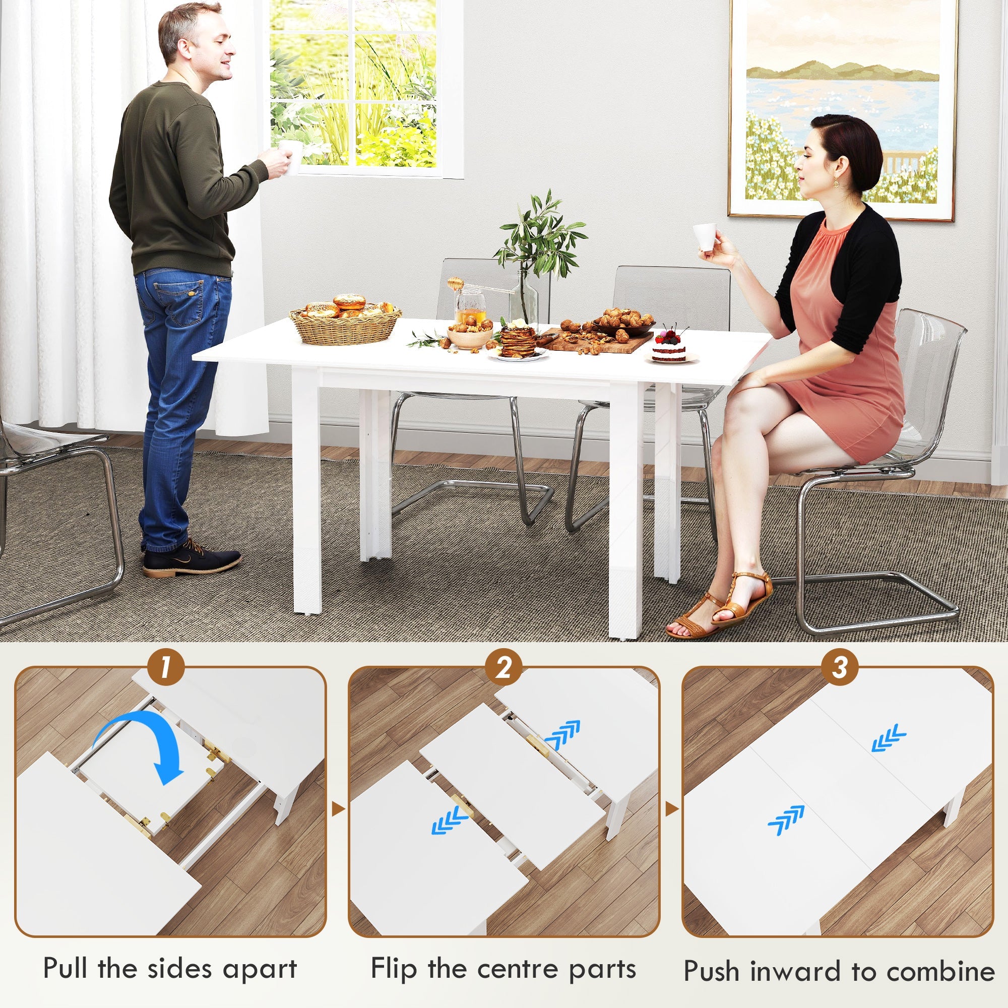 HOMCOM Extendable Dining Table, 120-160 x 70cm Rectangular Kitchen Table for Small Spaces, Seats 4-6 People, High Gloss White 