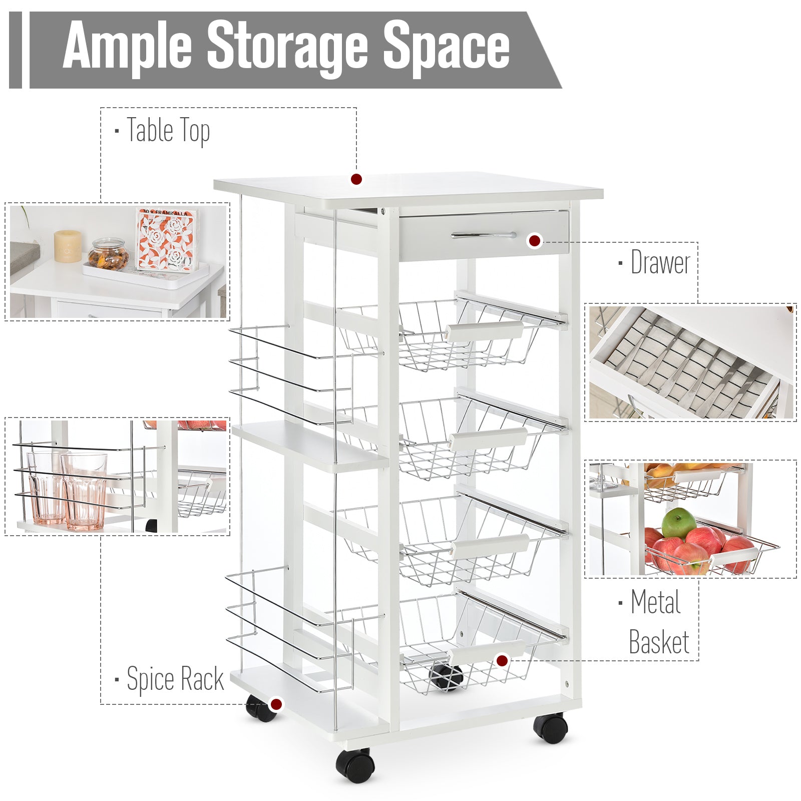 HOMCOM Rolling Kitchen Cart, Utility Storage Cart with 4 Basket Drawers & Side Racks, Wheels for Dining Room, White 