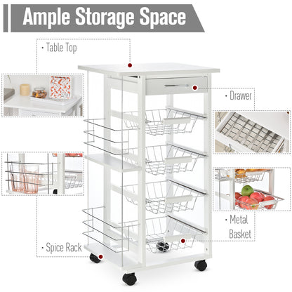 HOMCOM Rolling Kitchen Cart, Utility Storage Cart with 4 Basket Drawers & Side Racks, Wheels for Dining Room, White 