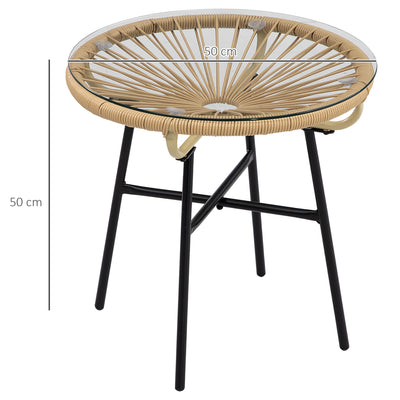 Outsunny Rattan Side Table, Round Outdoor Coffee Table, with Round PE Rattan and Tempered Glass Table Top for Patio, Garden, Balcony, Beige 