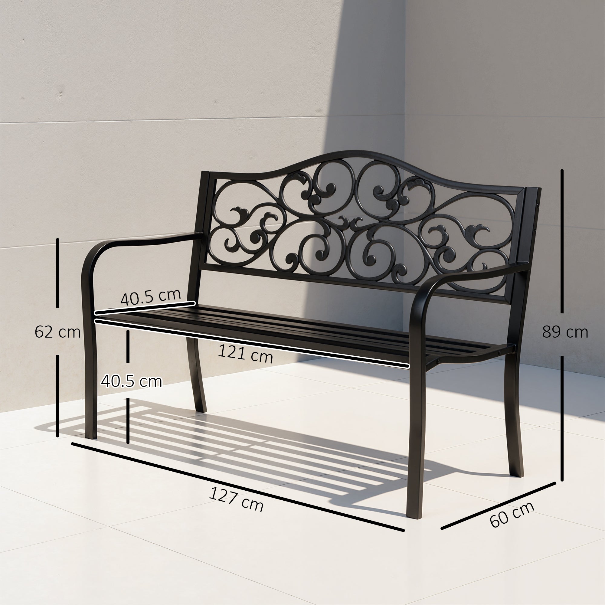Outsunny Metal Garden Bench with Floral Backrest and Armrests - Black 