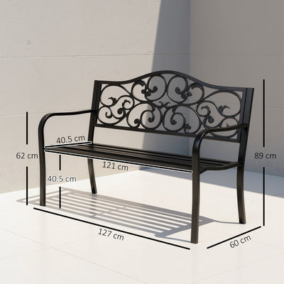 Outsunny Metal Garden Bench with Floral Backrest and Armrests - Black 