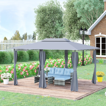 Outsunny 4m x 3(m)Garden Gazebo, Double Roof Outdoor Gazebo Canopy Shelter with Curtains, Solid Steel Frame for Lawn and Deck, Grey 