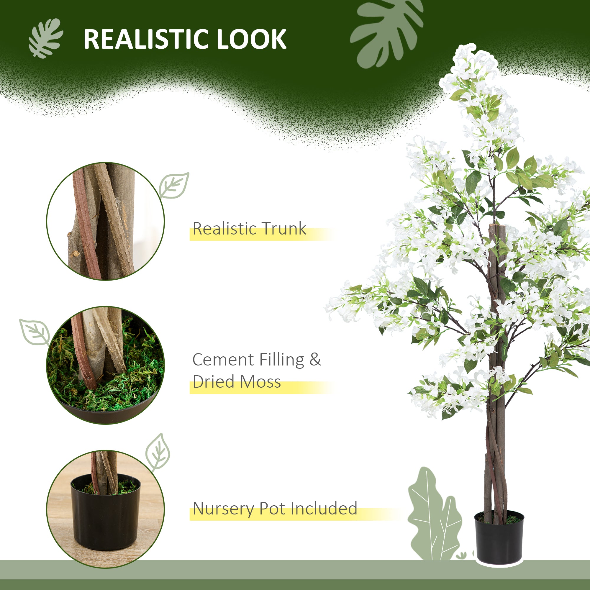 HOMCOM Artificial Plants Honeysuckle Flower in Pot Fake Plants with Curved Boots for Indoor Outdoor 15x15x150cm White 