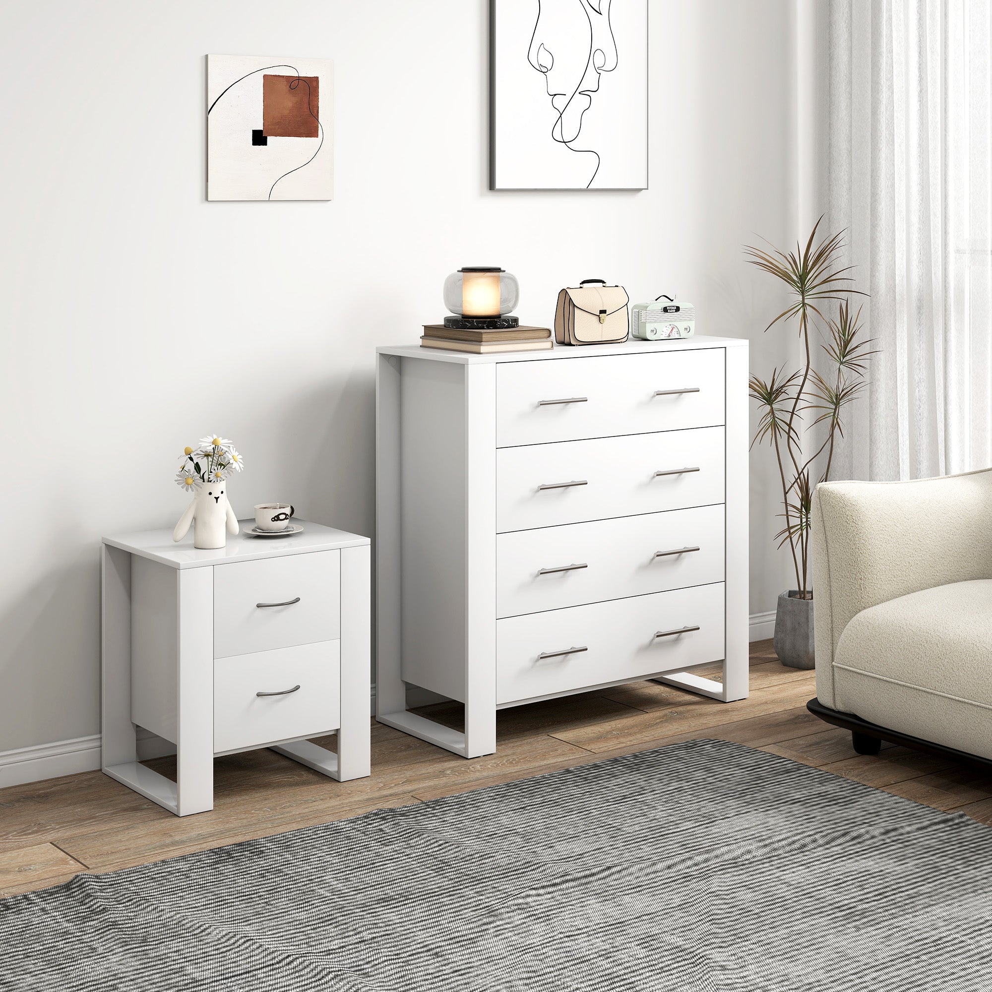 HOMCOM Bedroom Furniture Set, Drawer Chest and Nightstand, Modern White