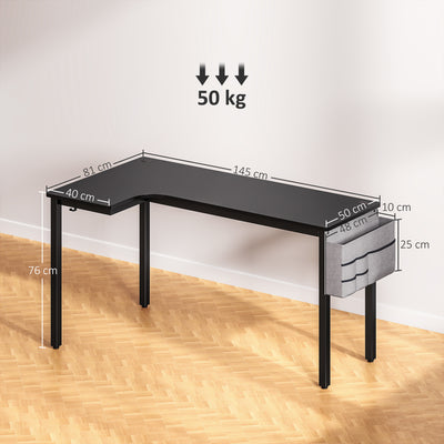 HOMCOM L-Shaped Computer Gaming Desk with Fabric Bag, Hooks and Cable Management, 145 x 81 x 76cm - Black 