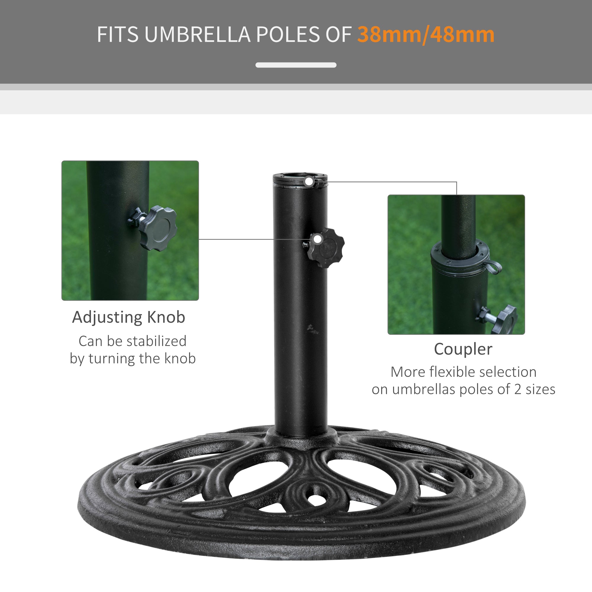 Outsunny 11.5 kg Cast Metal Round Patio Umbrella Base Stand, Umbrella Holder for Outdoor, Patio, Garden, Black 
