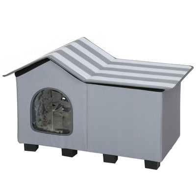 PawHut Outdoor Cat House, Weather Resistant Feral Cat Cave with Elevated Base and Cushion for Winter, Grey 