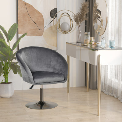 HOMCOM Dressing Table Chair, 360° Swivel Velvet-feel Upholstered Vanity Chair with Tub Seat, Back, Adjustable Height for Bedroom Makeup, Grey 
