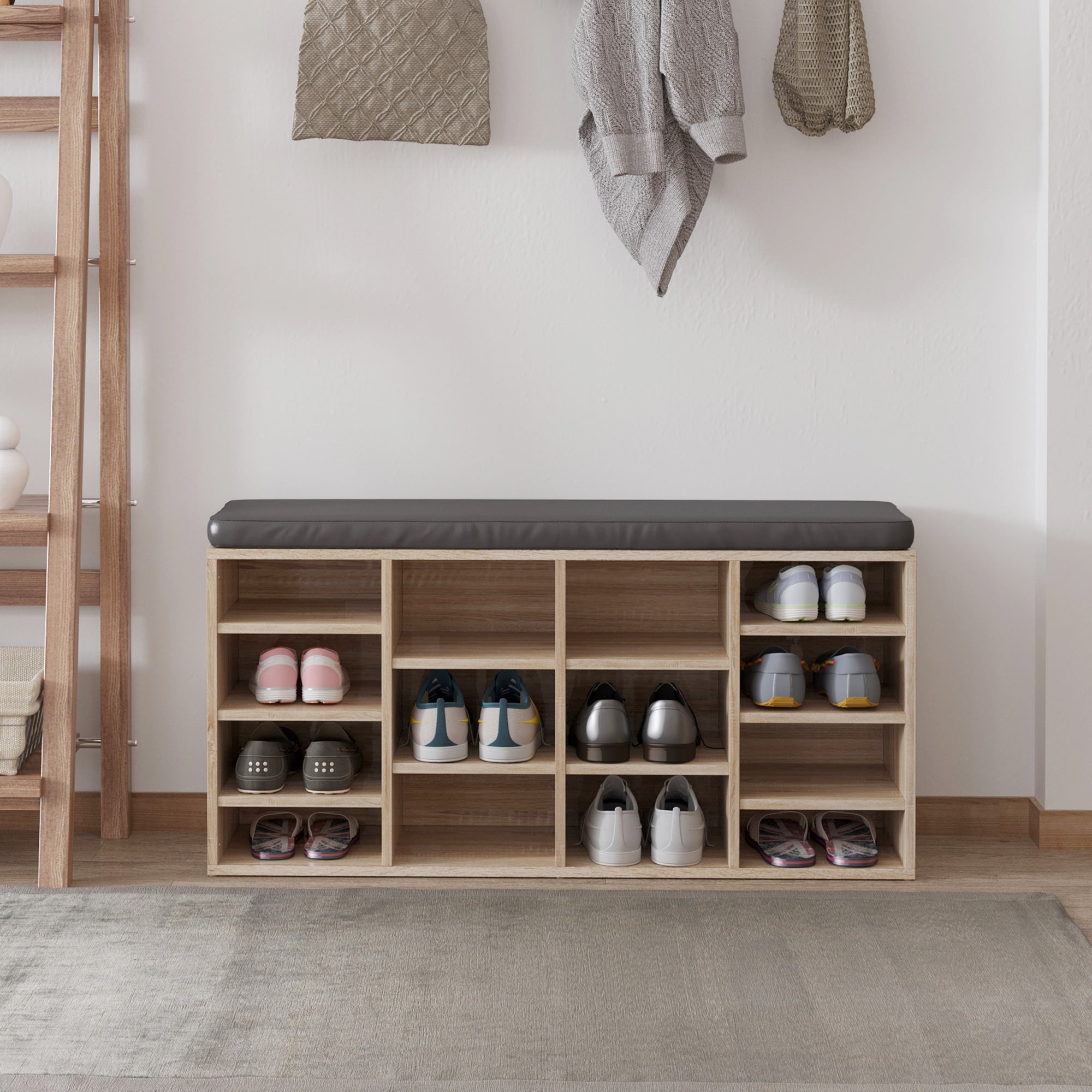 HOMCOM Multi-Storage Shoe Rack w/ 14 Compartments Cushion Moving Shelves Solid Frame Foot Pads Home Office Tidy Organisation Boots Trainers Brown 
