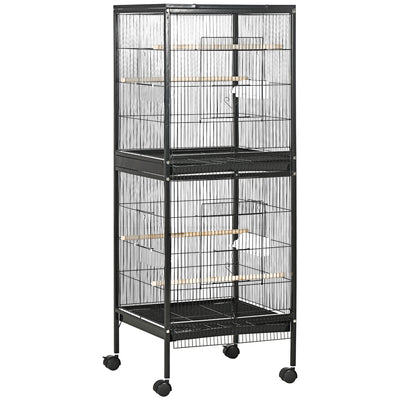 PawHut Bird Cage Budgie Cage 2 In 1 Large Aviary with Wheels Removable Trays for Finch Canaries Cockatiels Black 