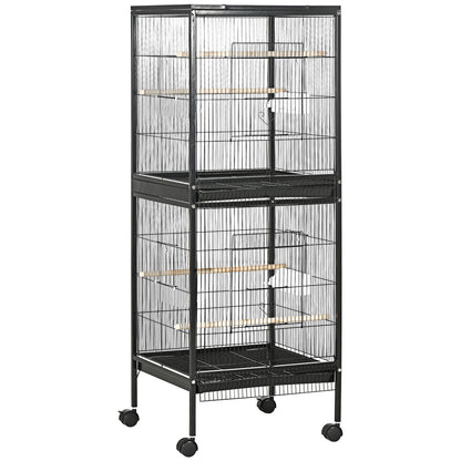 PawHut Bird Cage Budgie Cage 2 In 1 Large Aviary with Wheels Removable Trays for Finch Canaries Cockatiels Black