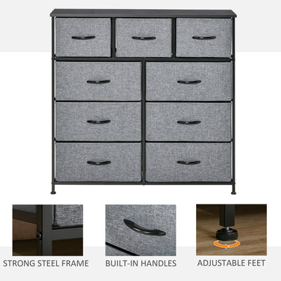 HOMCOM Nine Drawer Fabric Dresser - Grey 