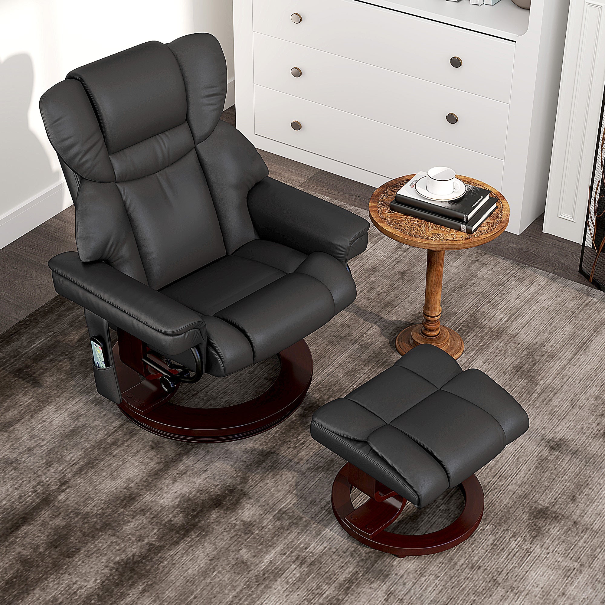 HOMCOM Massage Recliner Chair with Footstool, Upholstered Reclining Armchair with Adjustable Backrest, Steel Frame and Wood Base, Swivel Chair for Living Room, Bedroom, Black 