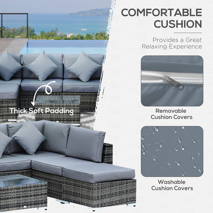 Outsunny 8 Pieces PE Rattan Corner Sofa Set with Thick Cushions, Aluminium Outdoor Rattan Garden Furniture Set with Glass Top Table, No Assembly Required, Grey 