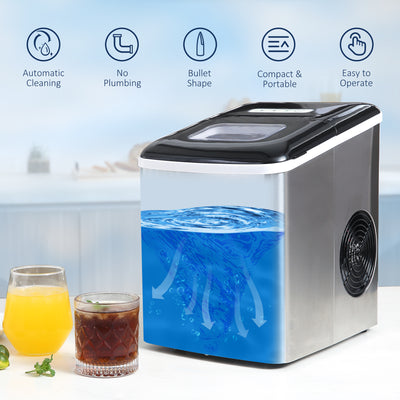HOMCOM Ice Maker Machine, Counter Top Ice Cube Maker for Home, 9 Ice Cubes per 8 Minutes, 1.8L with Self Cleaning Function, Scoop and Basket Stainless Steel No Plumbing Required Black 