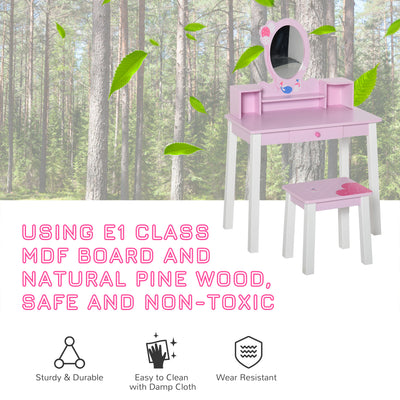 HOMCOM Kids Wooden Dressing Table and Stool Make Up Desk (Pink) 