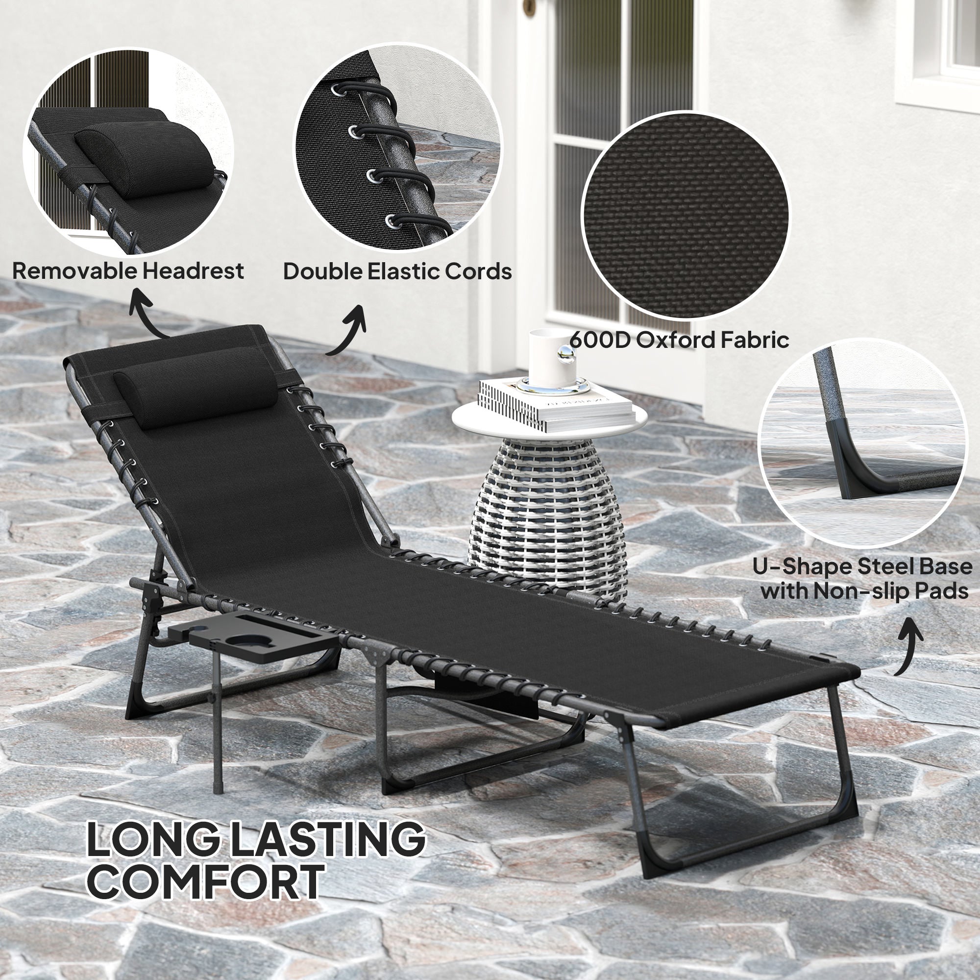 Outsunny Five-Position Reclining Sun Lounger - Black 