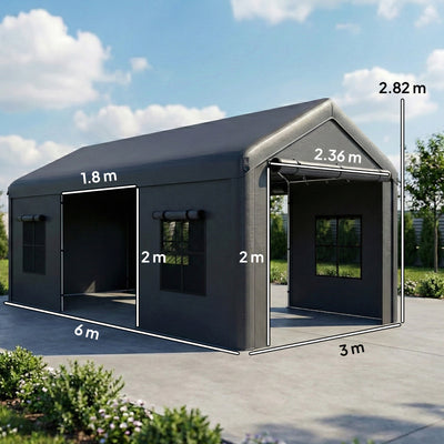 Outsunny 3 x 6 m Heavy Duty Carport, Portable Garage Car Canopy Tent with Galvanised Frame, Doors, Windows, Dark Grey 