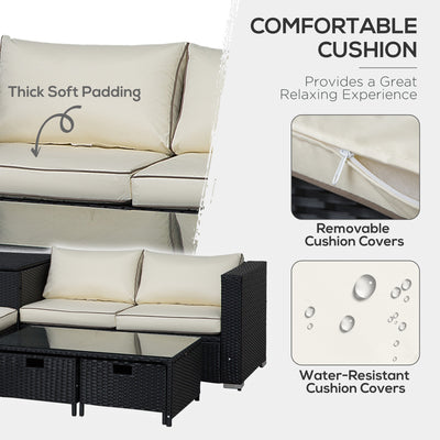 Outsunny 4 Pieces Rattan Garden Furniture Set, 4 Seater Corner Sofa Set with Storage Box, 2 Drawers Coffee Table, Loveseats with Cushions, Wicker Garden Conservatory Furniture for Balcony, Black 