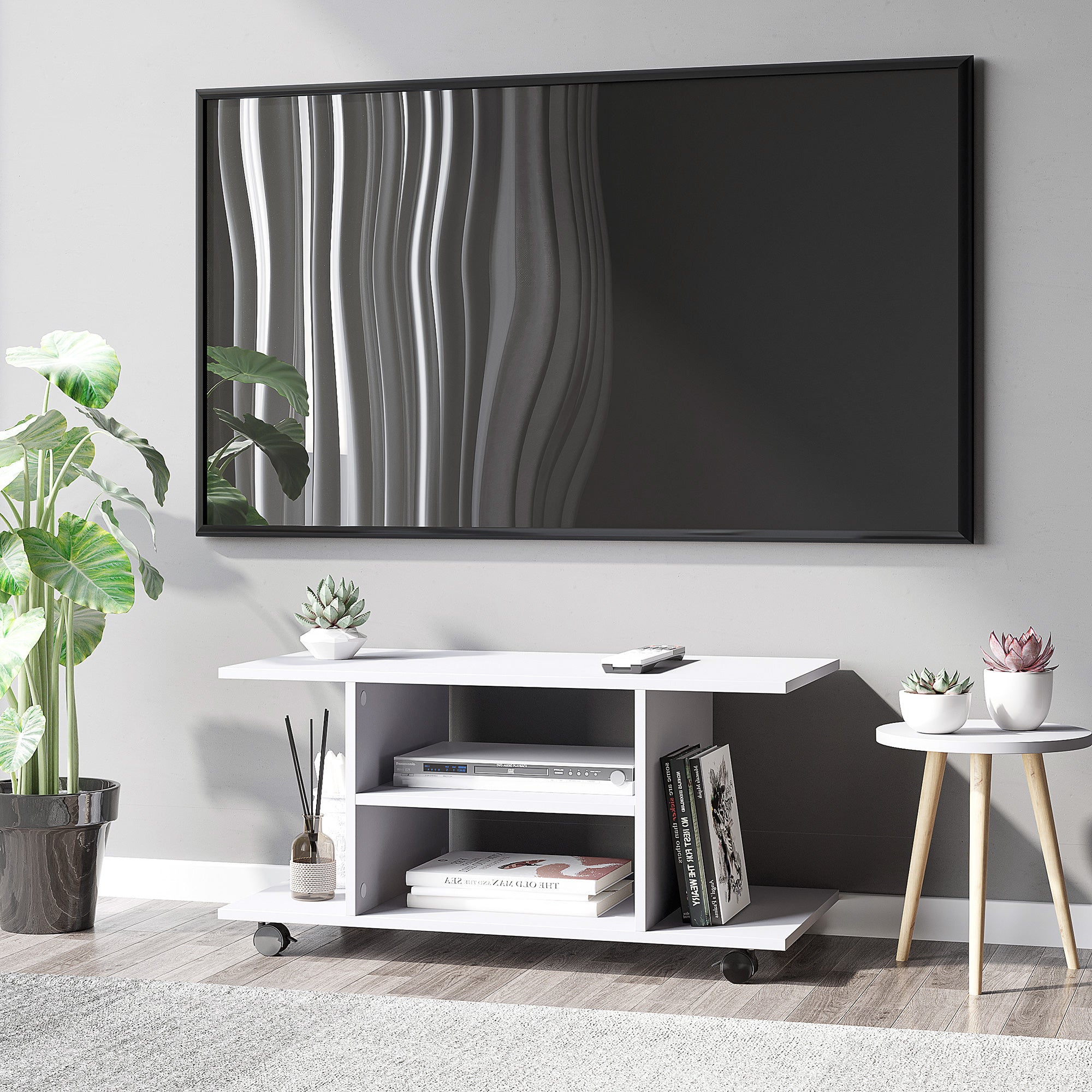 HOMCOM Modern TV Cabinet Stand Storage Shelves Table Mobile Bedroom Furniture Bookshelf Bookcase White 