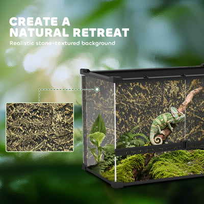 PawHut Reptile Glass Terrarium with Stone Background, Front Ventilation, Escape-Proof Knob Lock, 50 x 30 x 35 cm, Black 