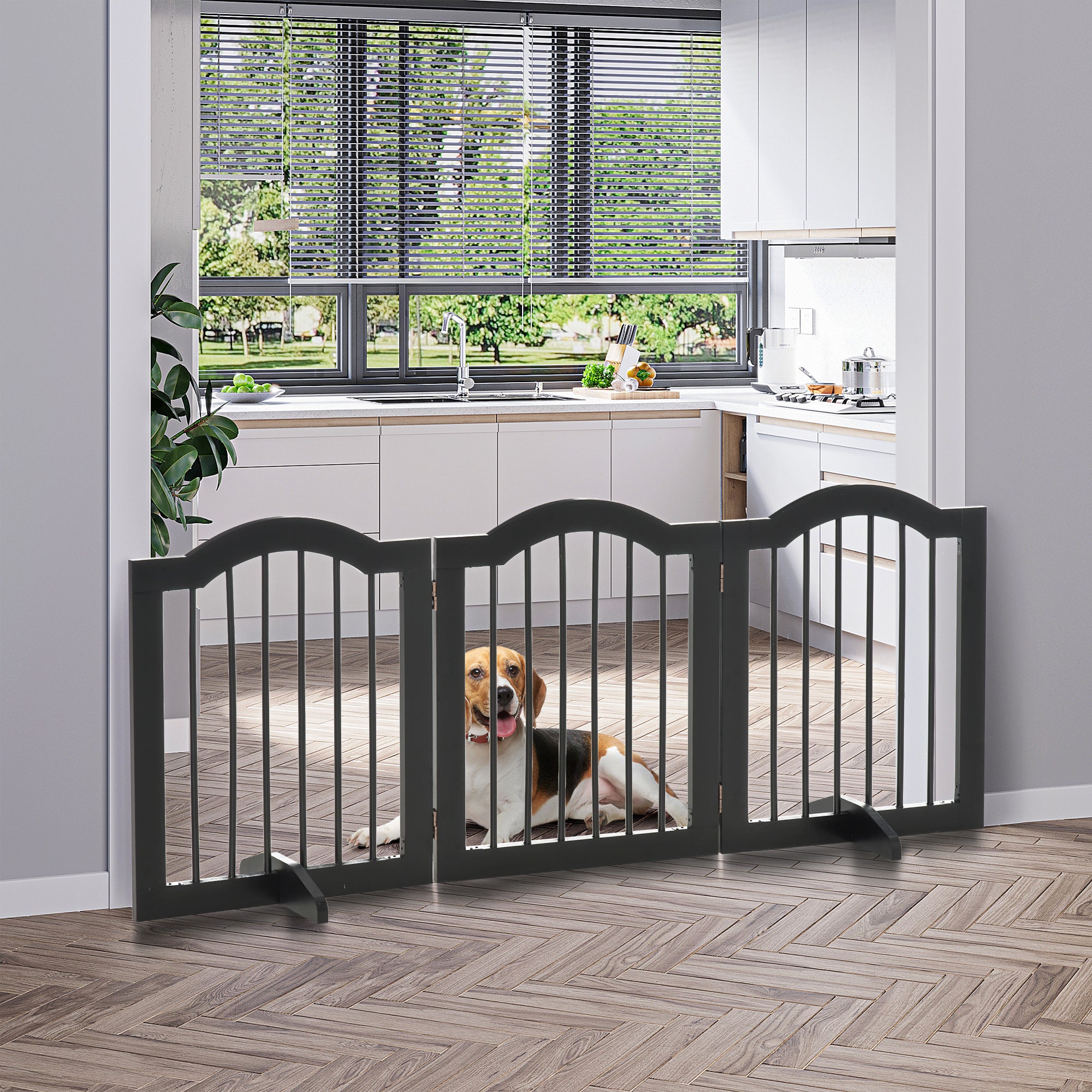PawHut Freestanding Pet Gate Wooden Dog Gate with Support Feet Foldable Pet Fence Safety Barrier for the House Doorway Stairs Black 
