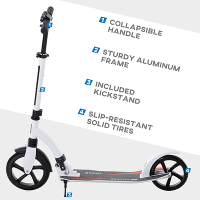 HOMCOM Foldable Kick Scooter with Double Shock Absorption and Big Wheels, Height Adjustable Aluminium Frame Big Wheel Scooter for 14+ Teens Adult - White 