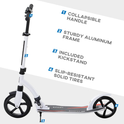 HOMCOM Foldable Kick Scooter with Double Shock Absorption and Big Wheels, Height Adjustable Aluminium Frame Big Wheel Scooter for 14+ Teens Adult - White 