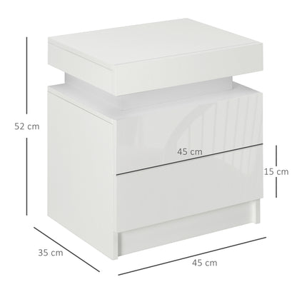 HOMCOM Set of 2 White Bedside Tables with LED Lights, High Gloss Front Nightstands with 4 Drawers 
