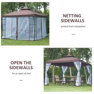 Outsunny 3 x 3(m) Patio Gazebo Canopy Garden Pavilion Tent Shelter with 2 Tier Roof and Mosquito Netting, Steel Frame, Coffee 