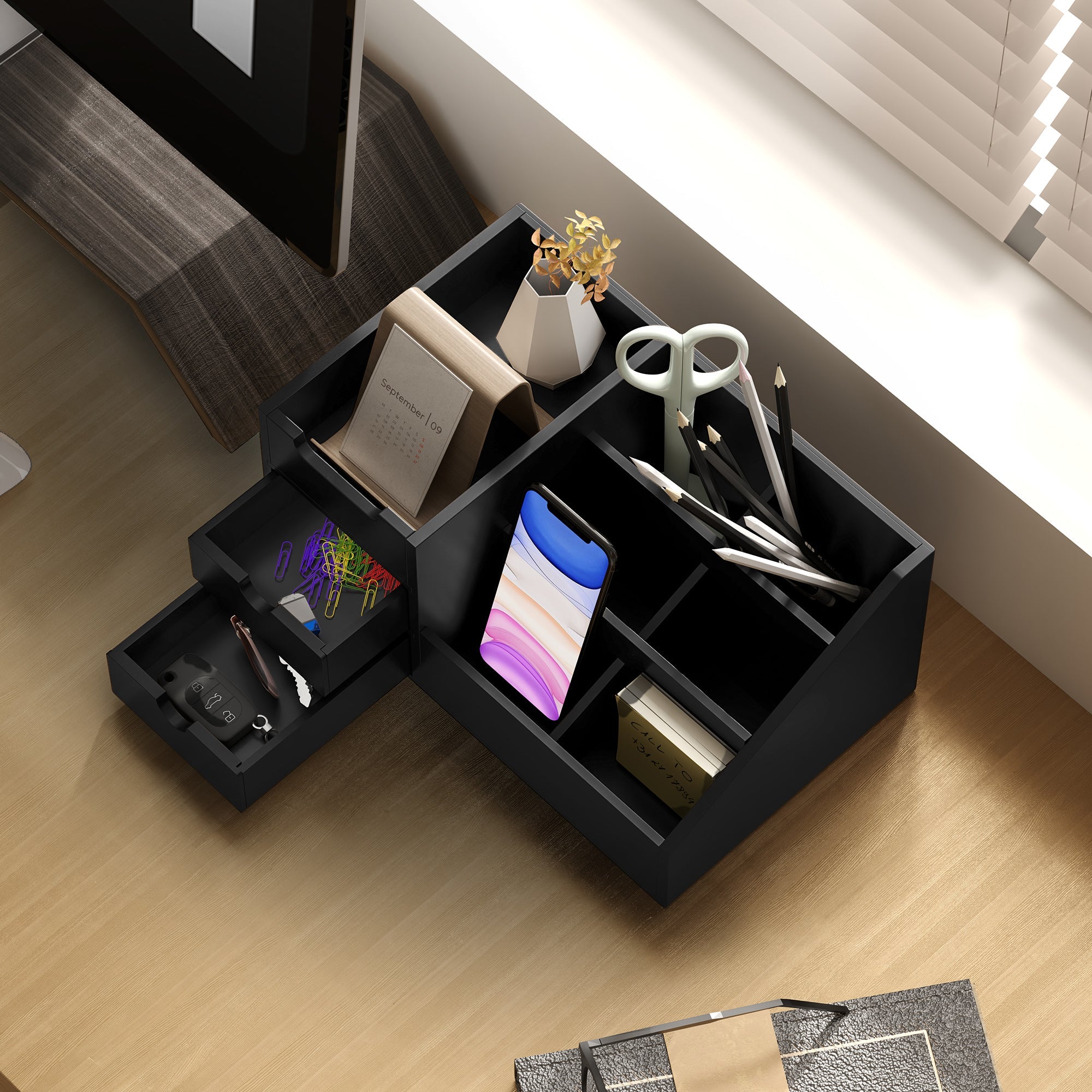 HOMCOM Desk Organiser Holder, Bamboo Multi-Function Storage Caddy with 7 Storage Compartments and 2 Drawers for Home Office Stationary Supplies, Black 
