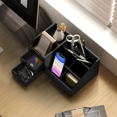 HOMCOM Desk Organiser Holder, Bamboo Multi-Function Storage Caddy with 7 Storage Compartments and 2 Drawers for Home Office Stationary Supplies, Black 
