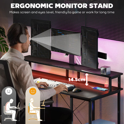 HOMCOM LED Computer Desk, with Power Outlets and Shelves - Carbon Fibre Grey 