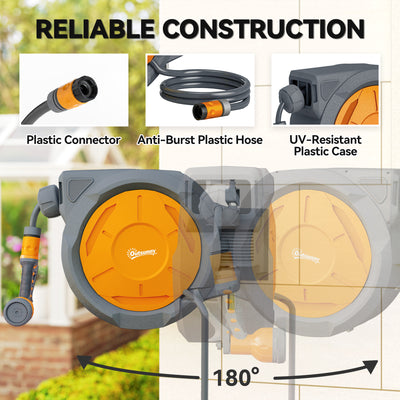 Outsunny Retractable Hose Reel Wall Mounted, 30+2m Garden Hose Pipe Reel with Lock, Auto Rewind, 7 in 1 Spray Nozzle, Includes Wall Fixings, 180° Swivel, Outdoor Watering, Orange 