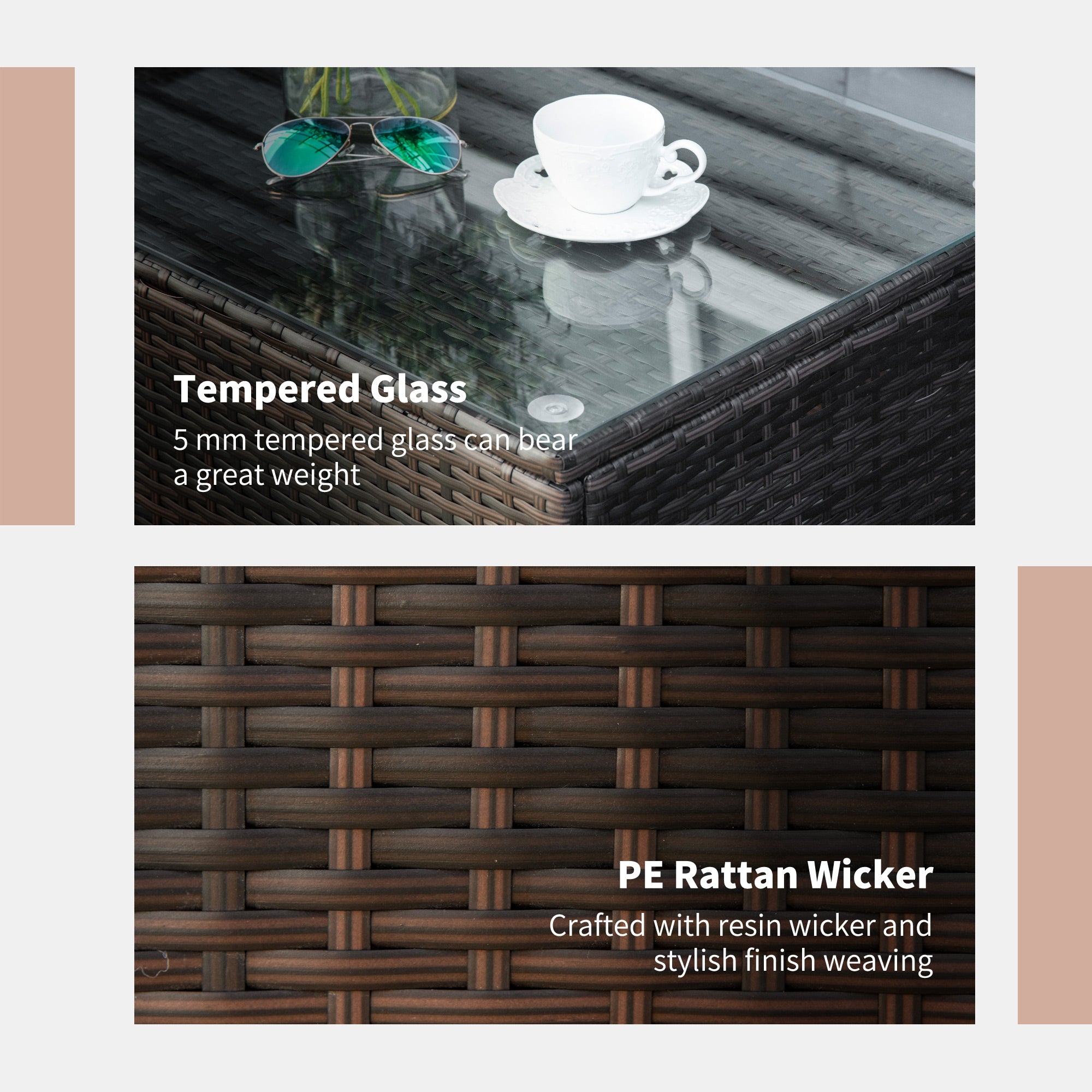 Outsunny PE Rattan Garden Coffee Table with Glass Table Top - Brown 